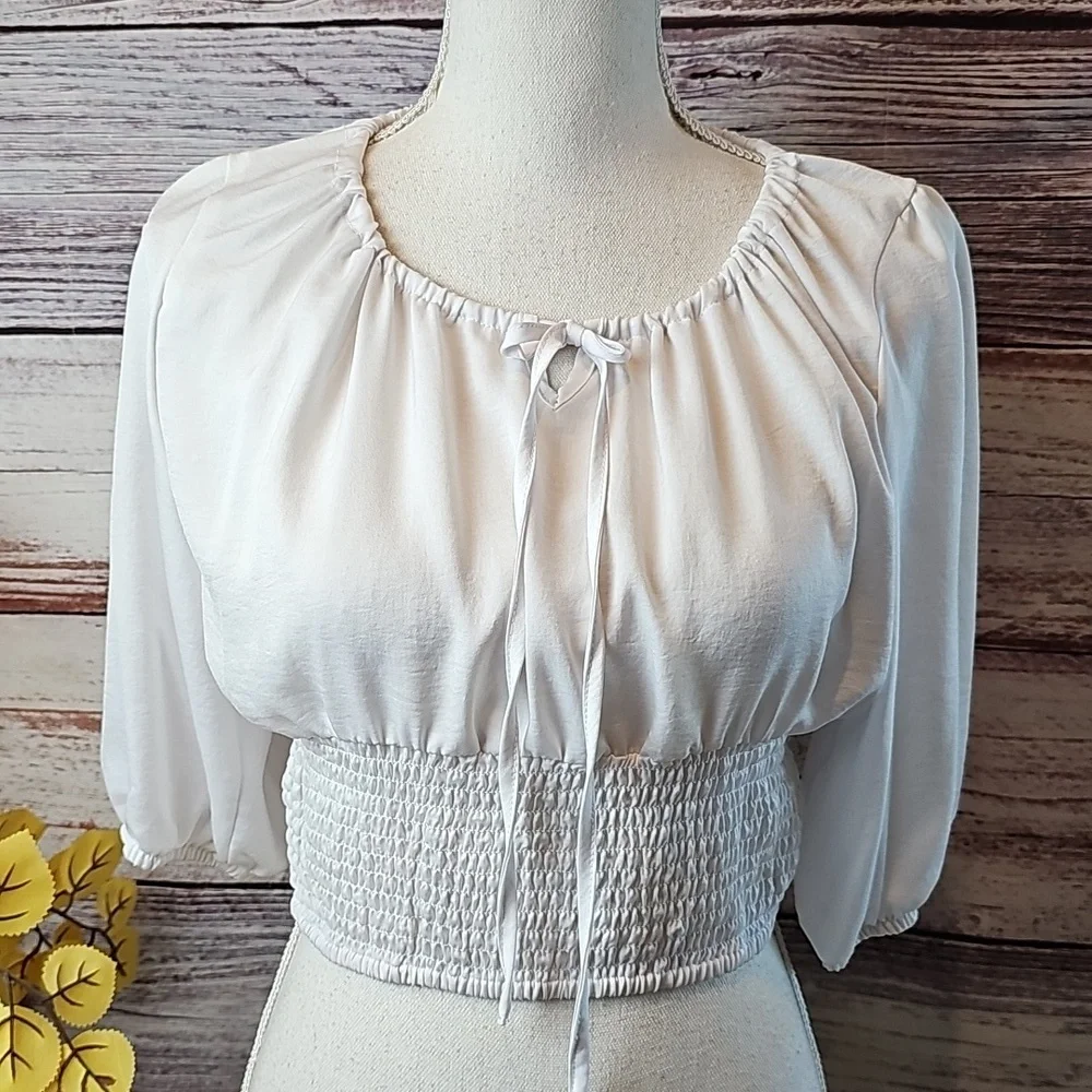 NEW COTTON ON WHITE 3/4 SLEEVE PULLOVER ELASTIC WAIST CROP TOP